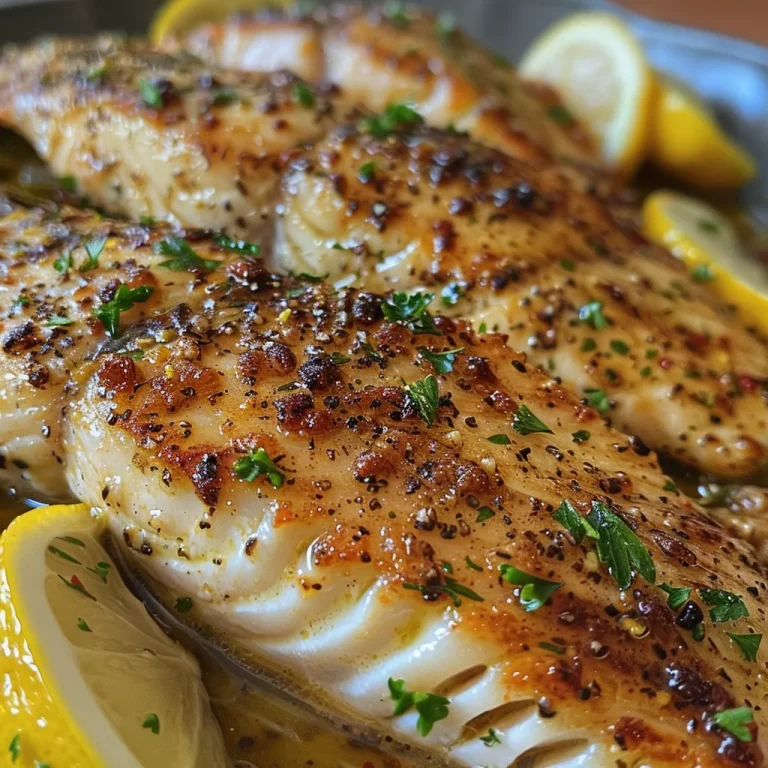 Close-up of baked tilapia fillets drizzled with lemon-garlic sauce.