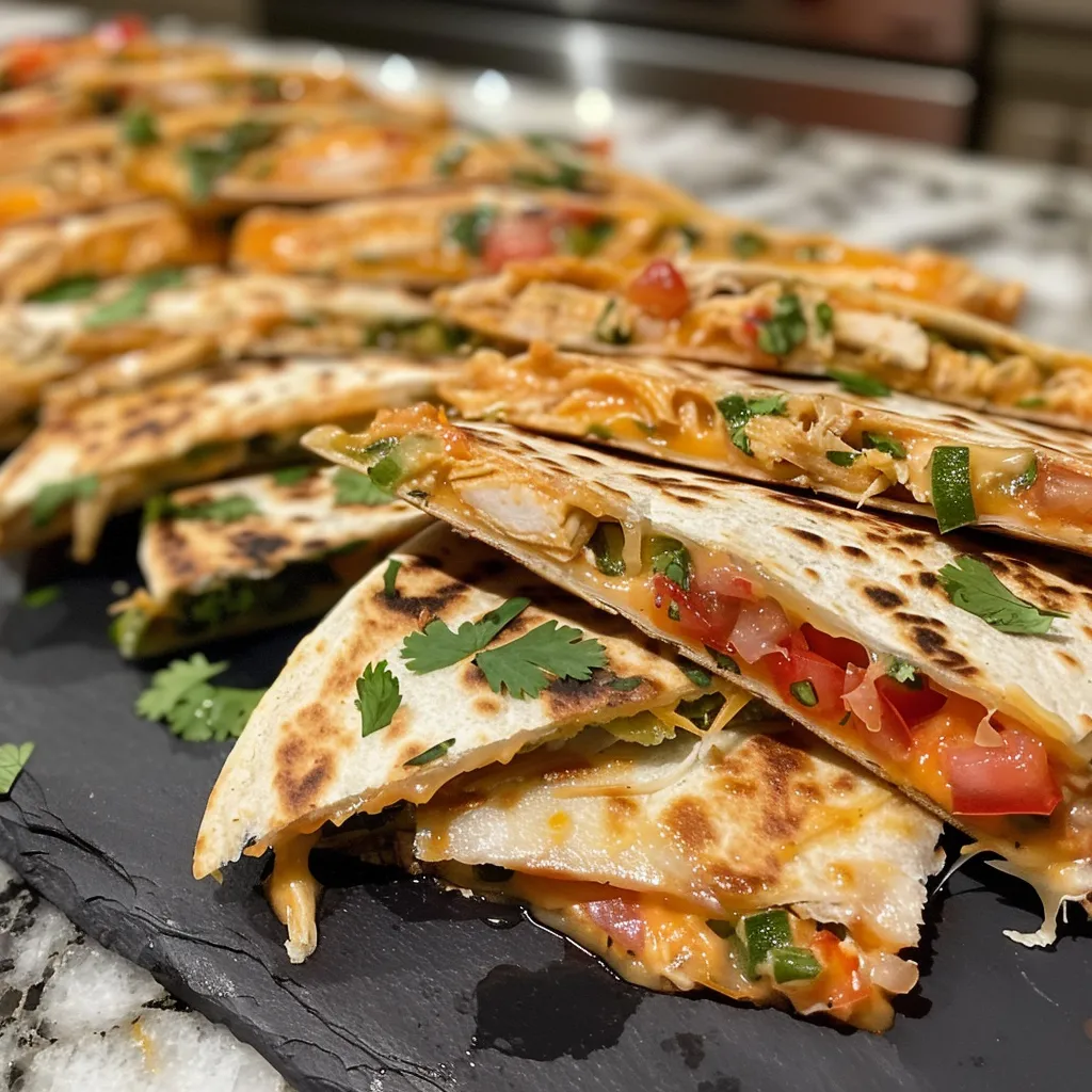 Side view of delicious mini chicken quesadillas, garnished with fresh cilantro and served with guacamole.