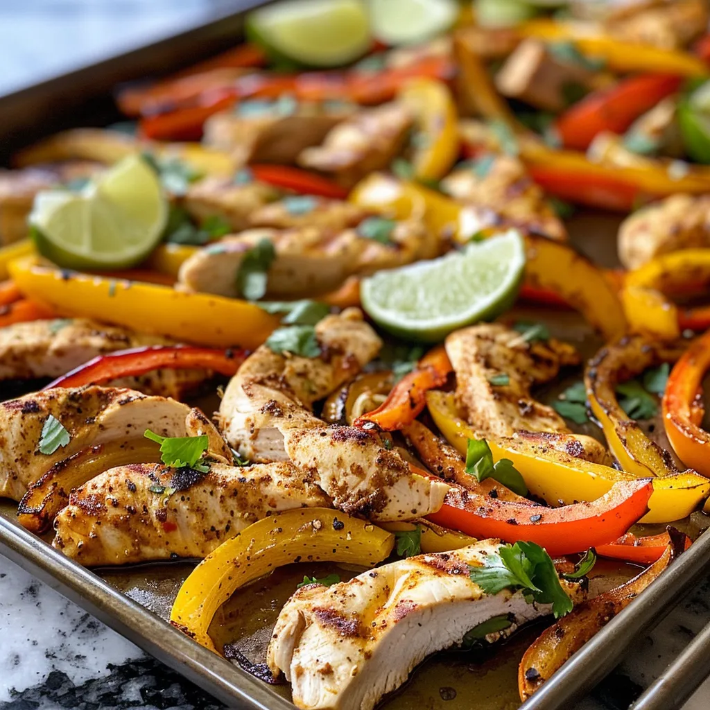 Side view of a delicious sheet pan meal featuring sliced chicken and vegetables.