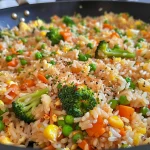 A close-up view of a colorful plate of vegetable fried rice with broccoli and mixed vegetables.