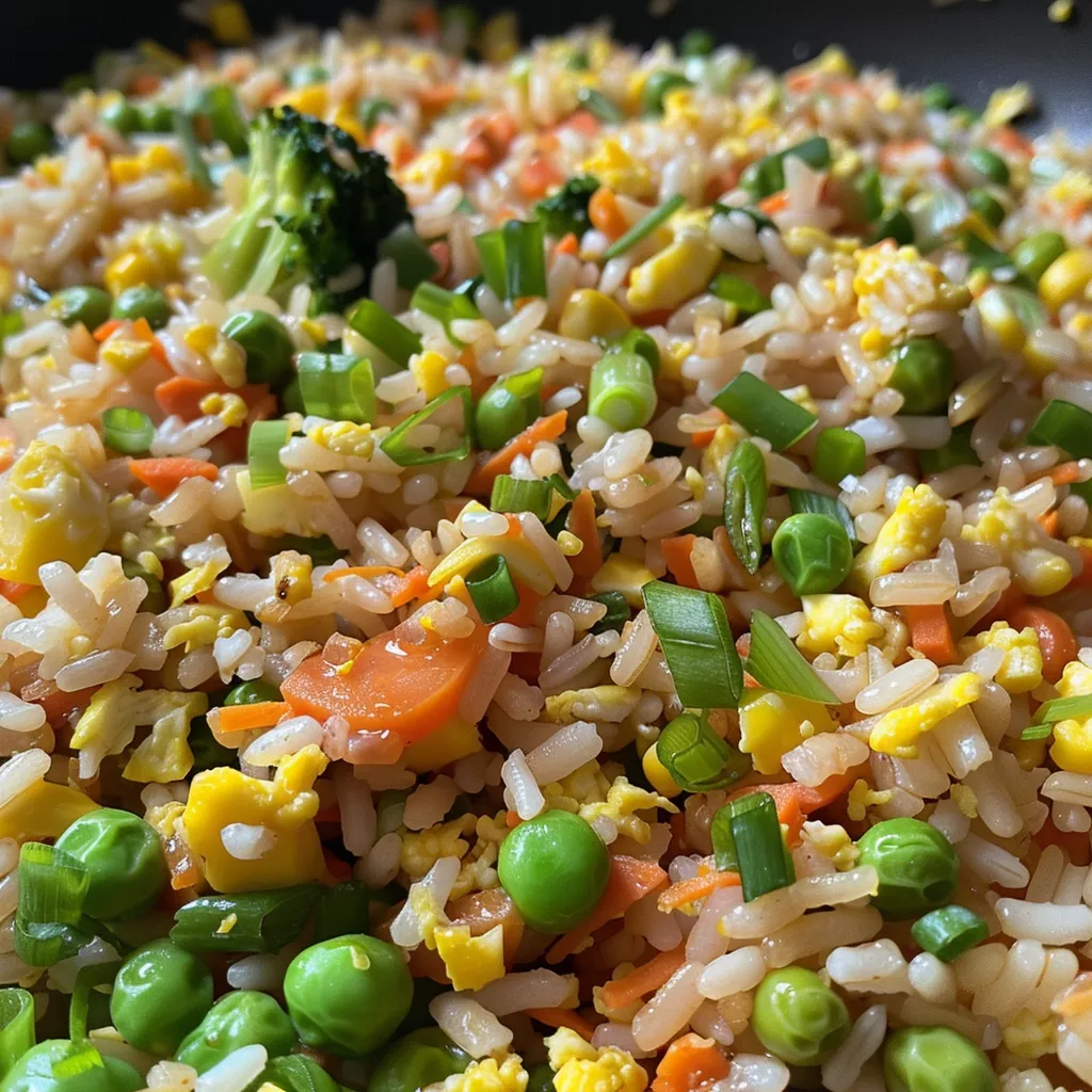 A side perspective of vibrant vegetable fried rice garnished with green onions on a white plate.
