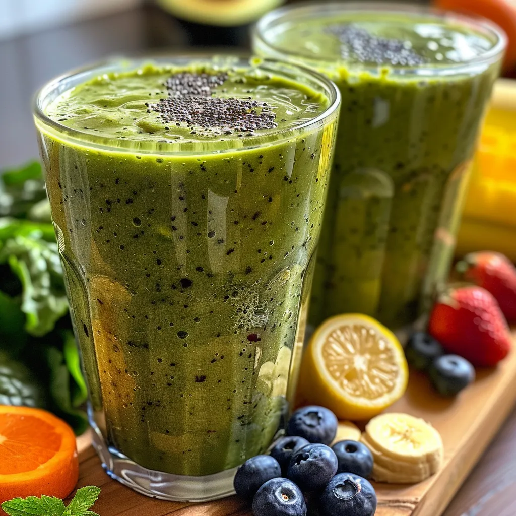 Side view of delicious smoothies made with fruits and vegetables in a clear glass.