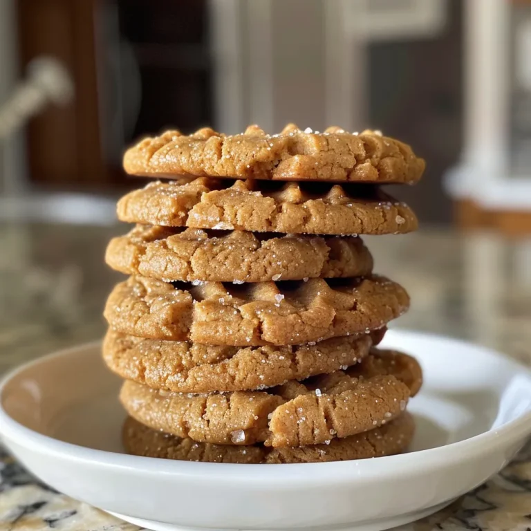 Decadently Simple: Flourless Peanut Butter Cookies That Delight A close-up side view of a stack of flourless peanut butter cookies on a white surface.