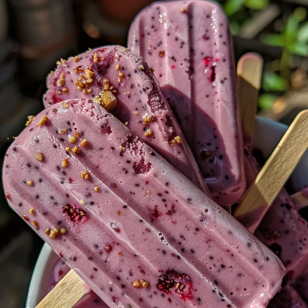 Side view of homemade berry popsicles, showcasing vibrant colors and texture.