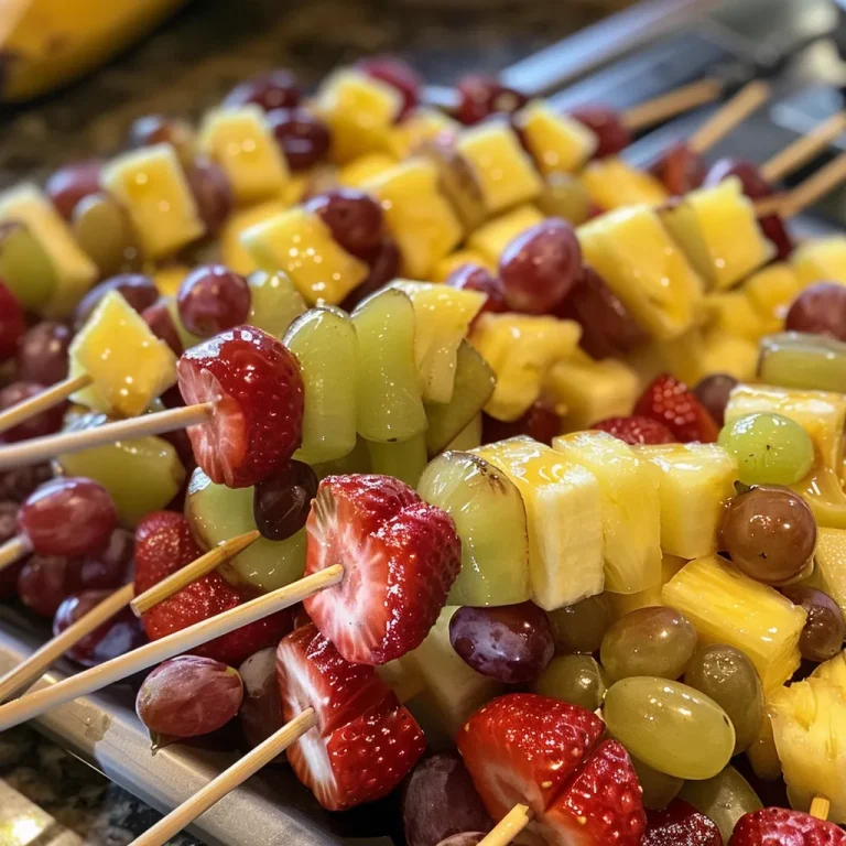 Colorful Fruit Kabobs with a Sweet Honey Yogurt Dip: A Simple Treat for Any Day A colorful close-up of fruit kabobs with strawberries, pineapple, grapes, and banana, served with honey yogurt dip.