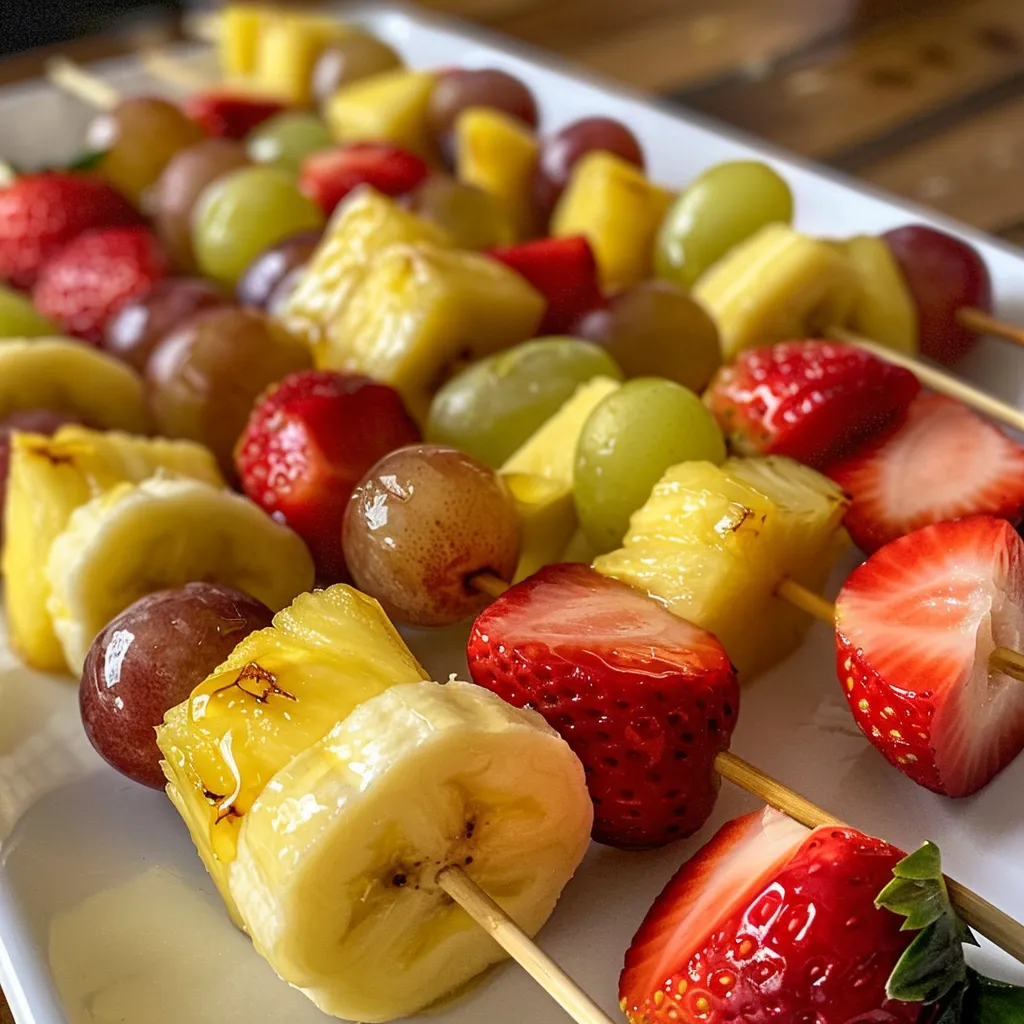 Juicy fruit skewers featuring strawberries, pineapple, grapes, and banana, alongside a small bowl of honey yogurt dip.