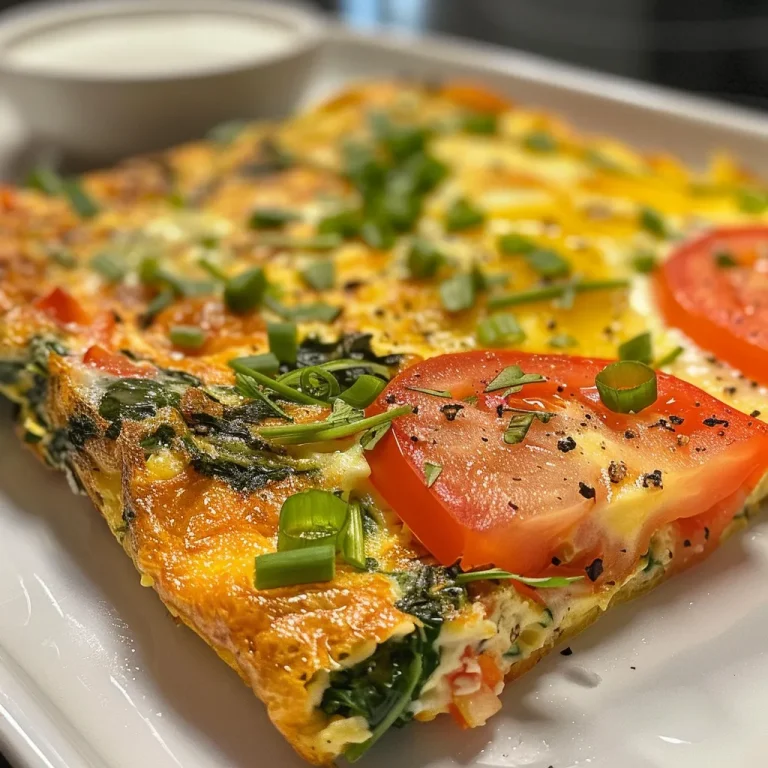 A close-up view of a baked omelette filled with colorful garden vegetables.