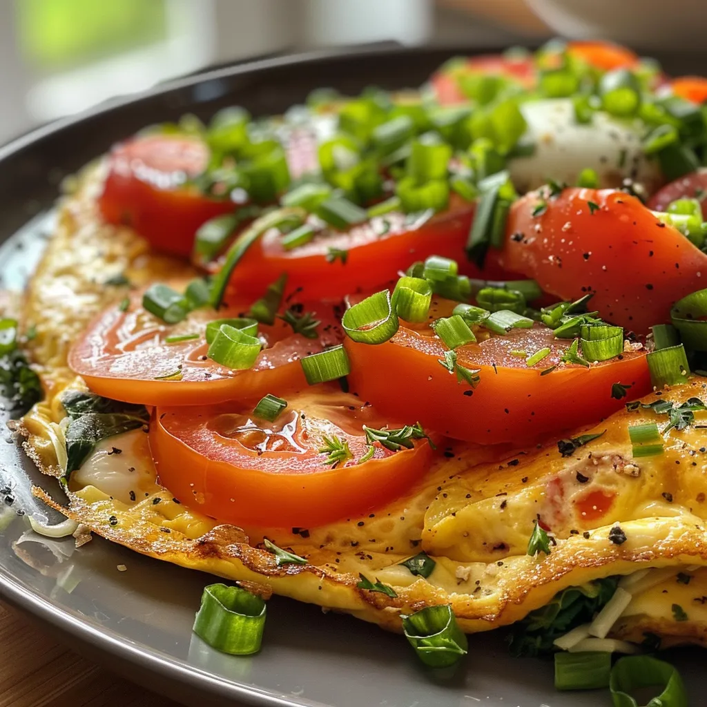 Side angle of a delicious vegetable-packed omelette on a plate.