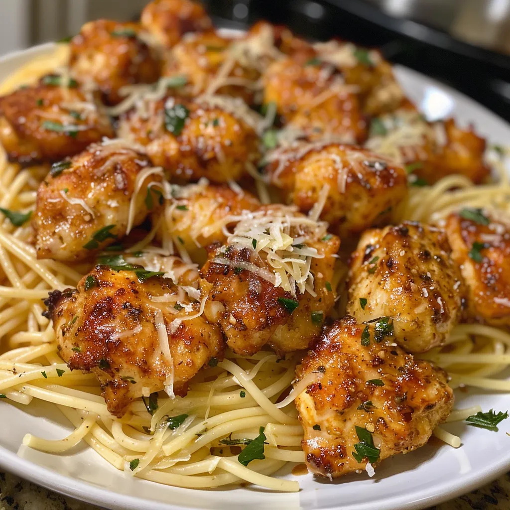 Side view of Garlic Butter Chicken Bites served with creamy Parmesan spaghetti, showcasing texture and color.