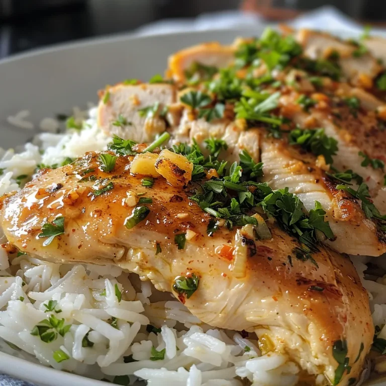 A close-up view of juicy garlic butter chicken served over fluffy white rice, garnished with fresh herbs.