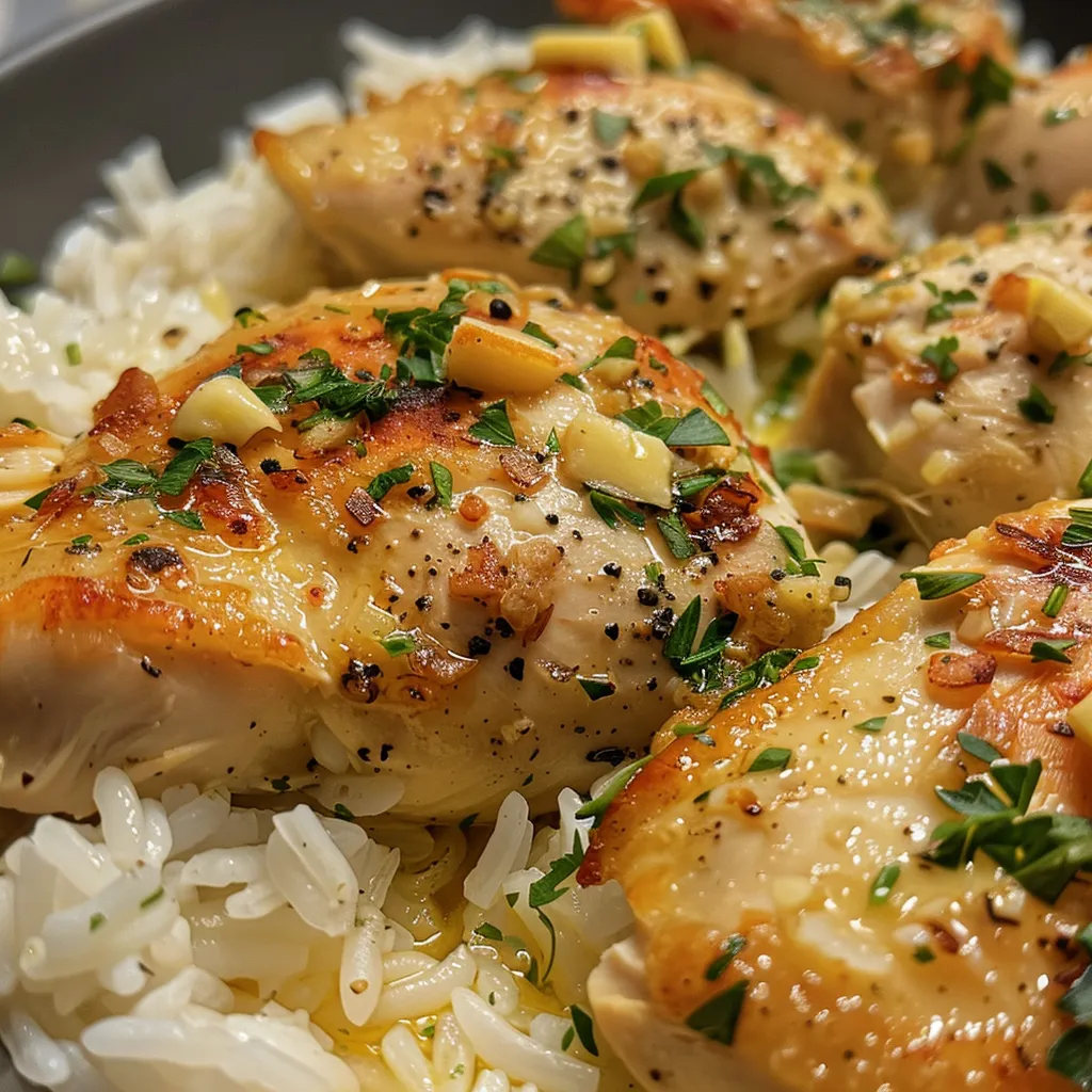 Delicious garlic butter chicken thighs with melted cheese on a bed of rice, presented from a side angle.