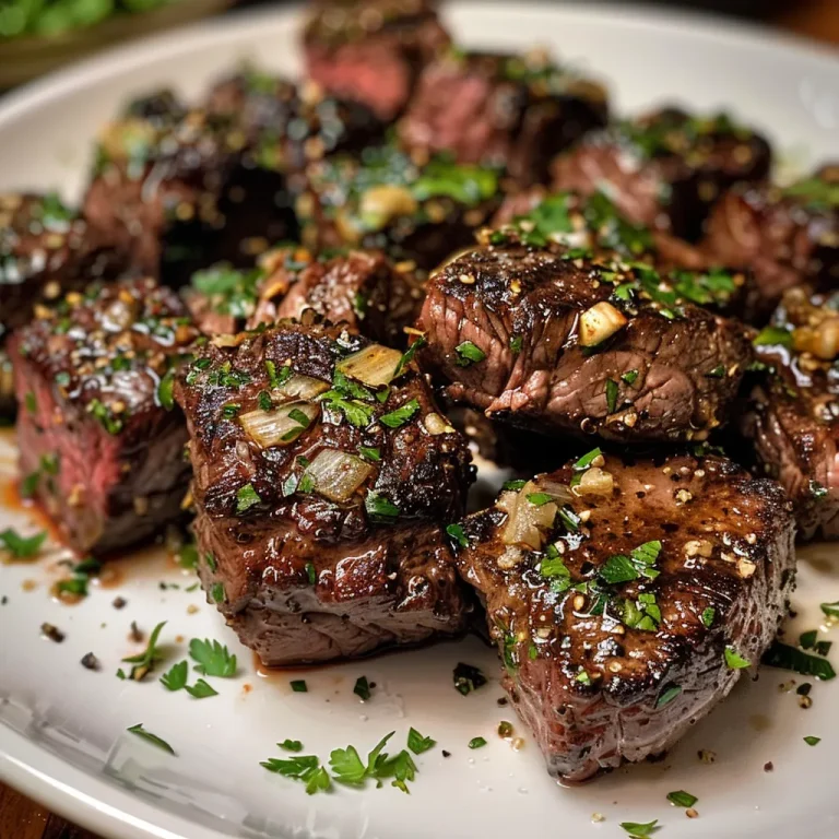 Juicy garlic butter steak bites arranged in a close-up view.
