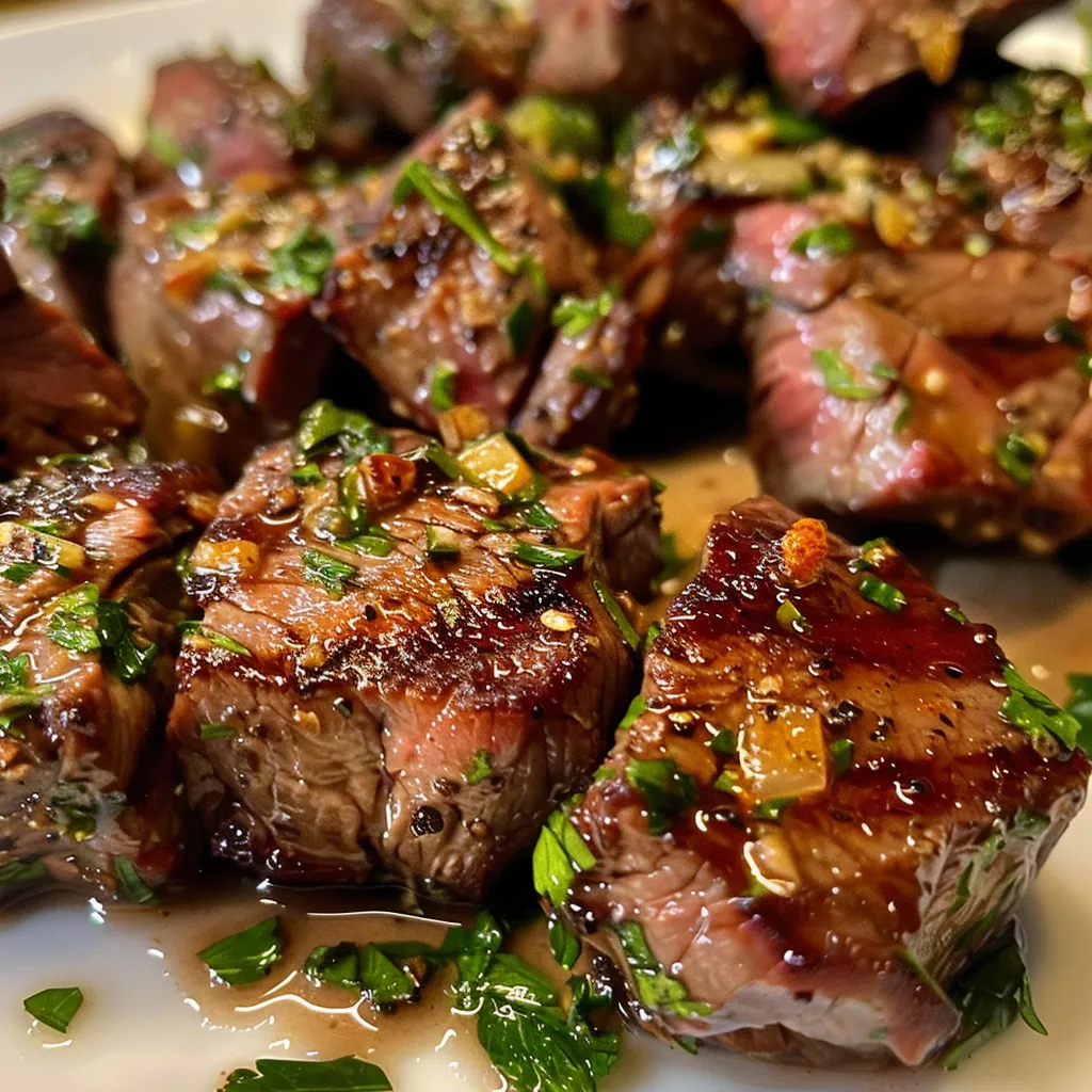 A side view of succulent steak bites glistening with garlic butter.