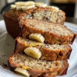 Close-up side view of a sliced gluten-free banana bread with chocolate chips and nuts.