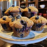 Close-up view of gluten-free lemon blueberry muffins with a golden-brown top and hints of blueberries.