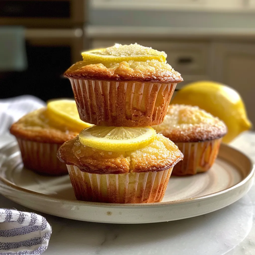 Side view of moist gluten-free lemon muffins topped with a dusting of powdered sugar.