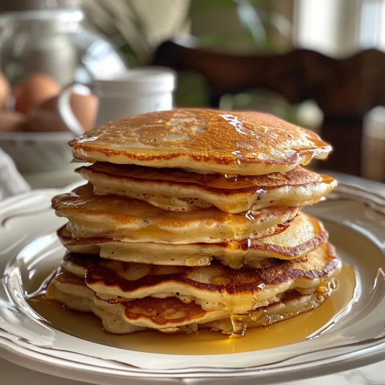 Close-up view of fluffy Greek yogurt pancakes with a golden brown surface and garnished with fruit.