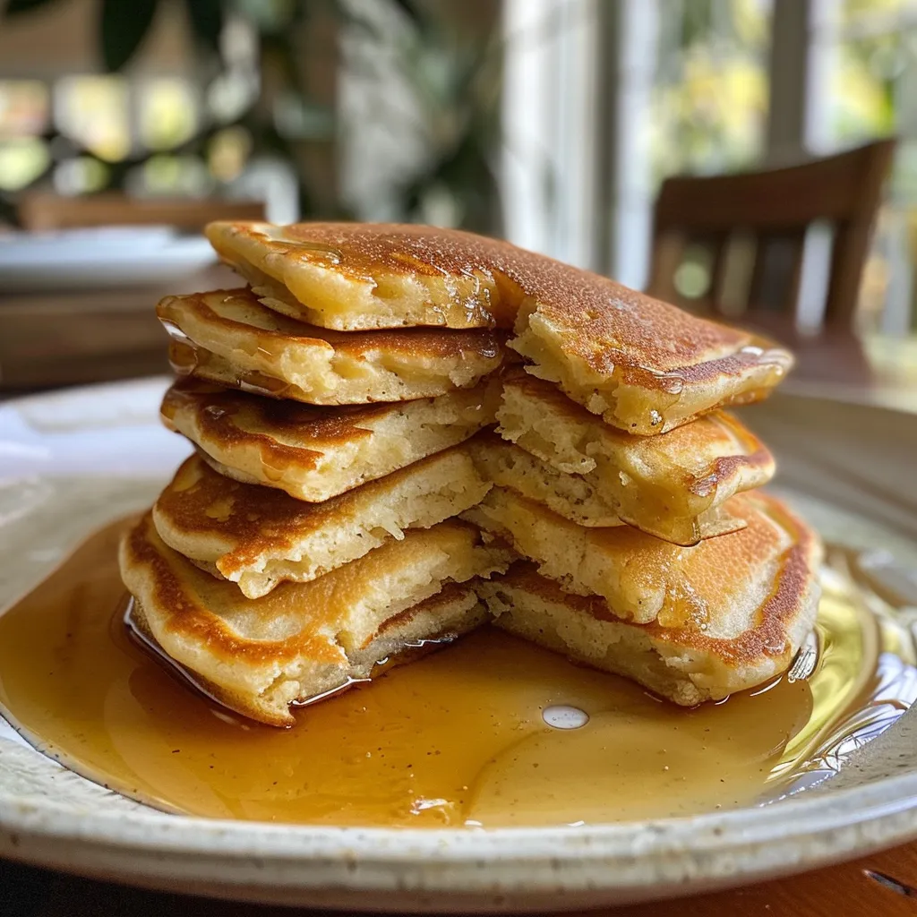 Side view of stacked almond flour pancakes topped with fresh berries and a drizzle of syrup.