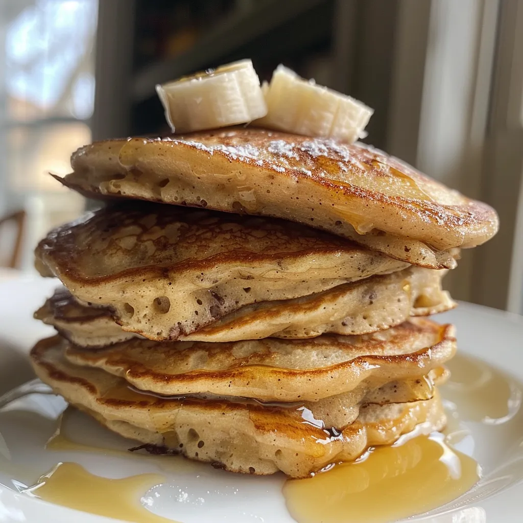 Side view of golden-brown Greek yogurt pancakes topped with a drizzle of syrup and sliced bananas.