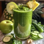 A close-up view of a vibrant green detox smoothie in a glass.