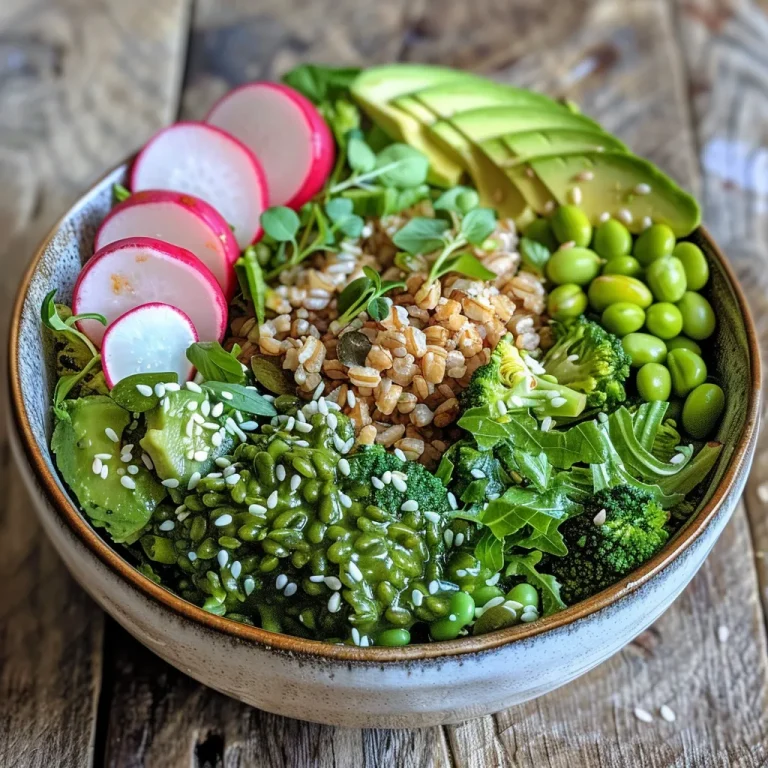 A close-up side view of a vibrant Green Goddess Buddha Bowl with colorful vegetables and grains.