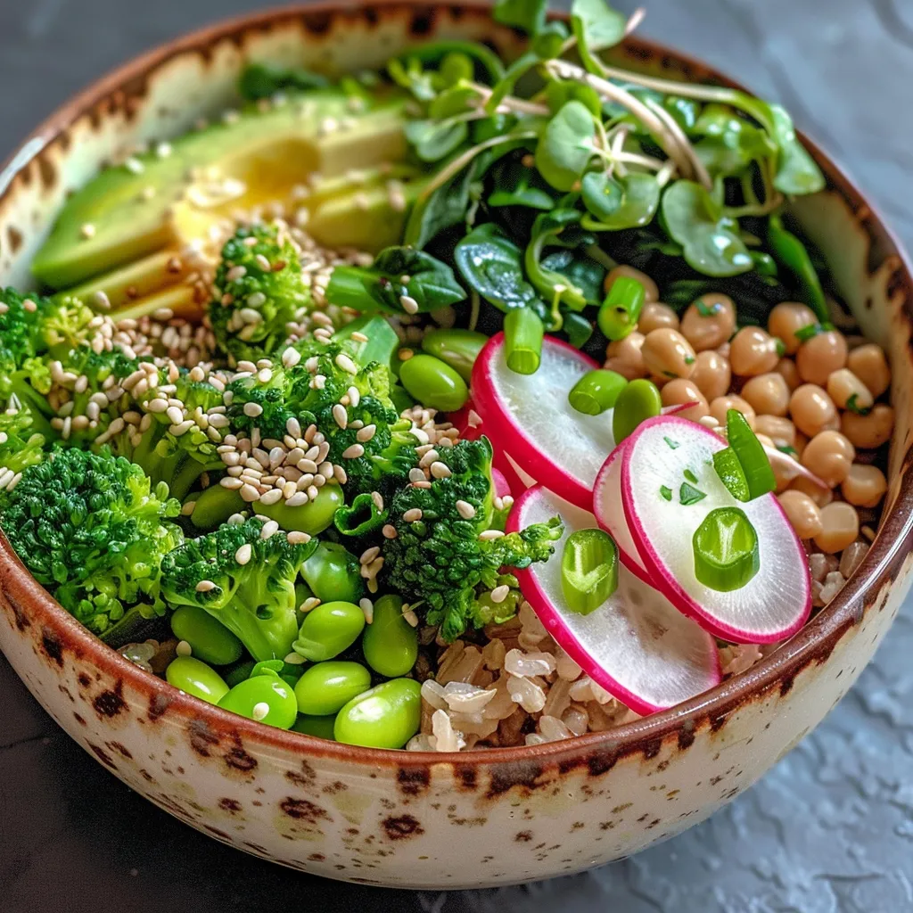 A detailed view of a Green Goddess Buddha Bowl featuring fresh greens, avocado, and edamame.