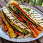 Close-up of a grilled veggie wrap filled with colorful vegetables.