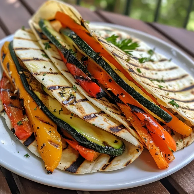 Close-up of a grilled veggie wrap filled with colorful vegetables.