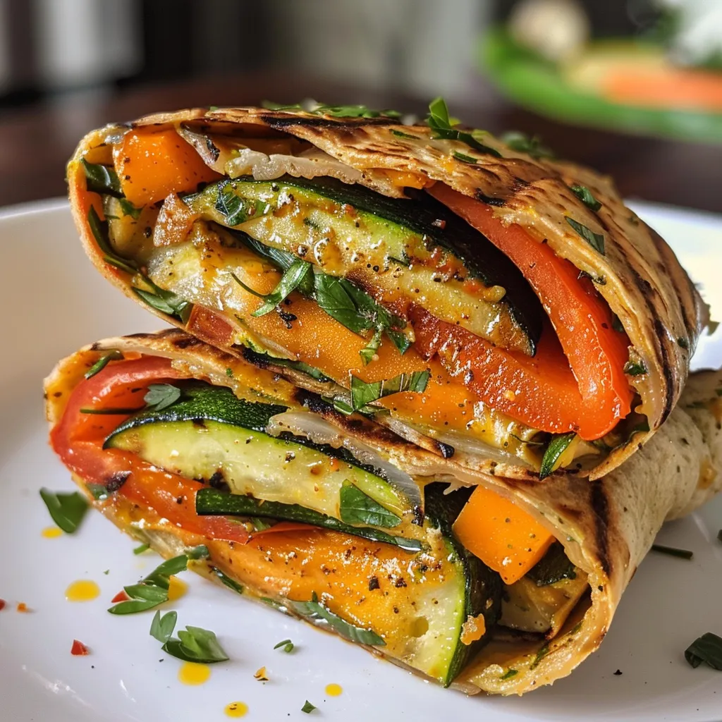 Side view of a delicious grilled veggie wrap showcasing vibrant ingredients.