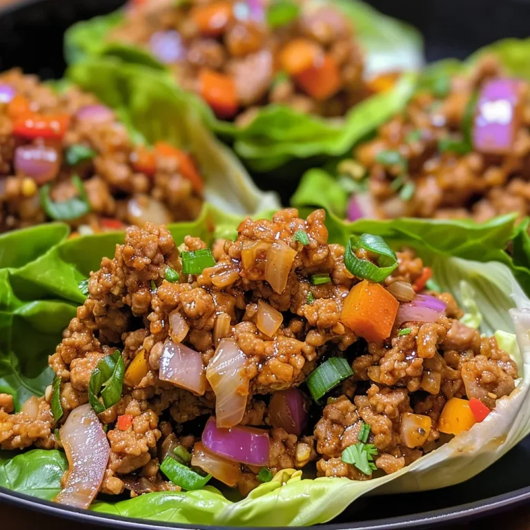 Close-up view of juicy ground turkey lettuce wraps garnished with diced vegetables.