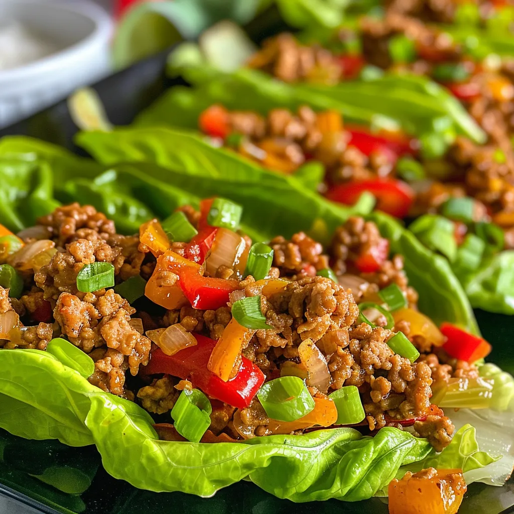 Side view of healthy ground turkey lettuce wraps filled with bell peppers and onions.