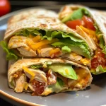 Close-up of a chicken avocado wrap filled with lettuce, tomato, and cheese.