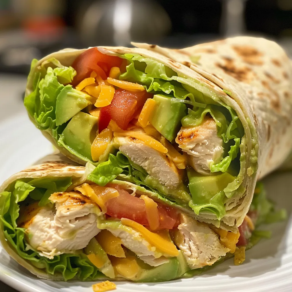Side view of a juicy chicken avocado wrap on a plate, showcasing the colorful ingredients.