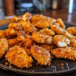 A plate of healthy homemade chicken nuggets, golden brown and crispy, with a side of dipping sauce.