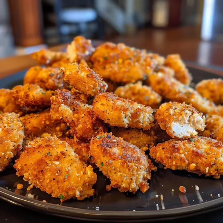 A plate of healthy homemade chicken nuggets, golden brown and crispy, with a side of dipping sauce.