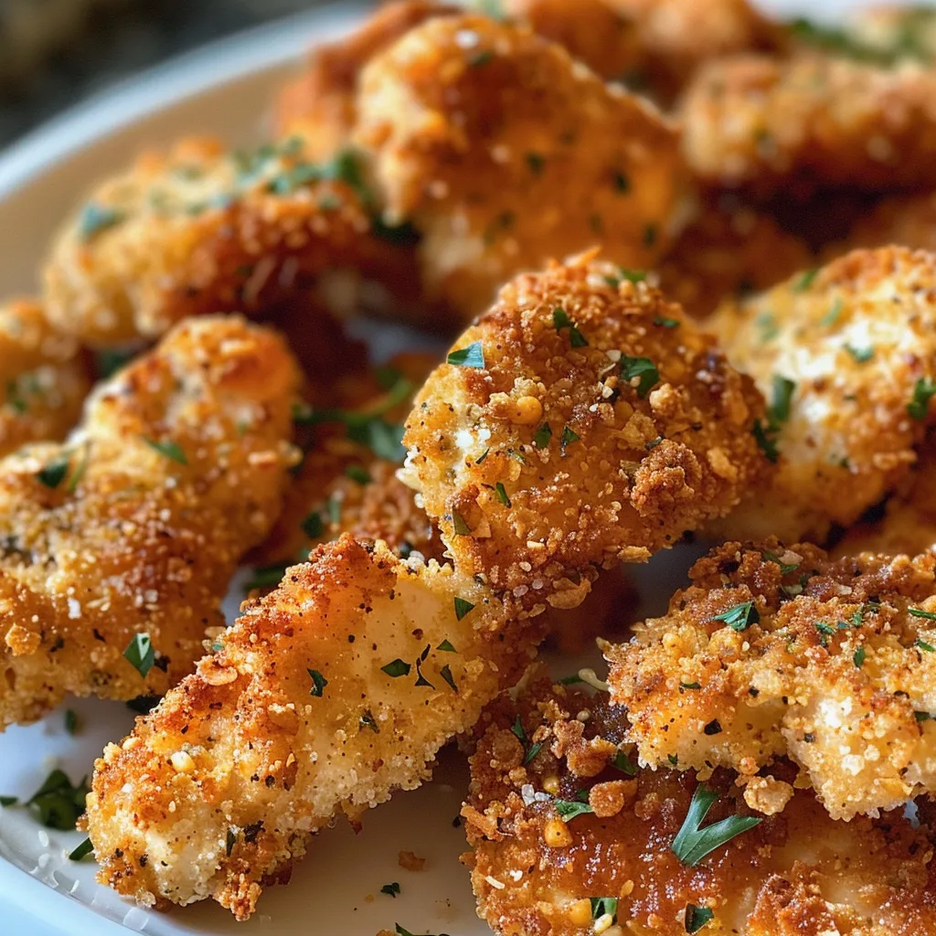 Close-up of juicy chicken nuggets, made with almond flour and cornflakes, on a rustic wooden table.