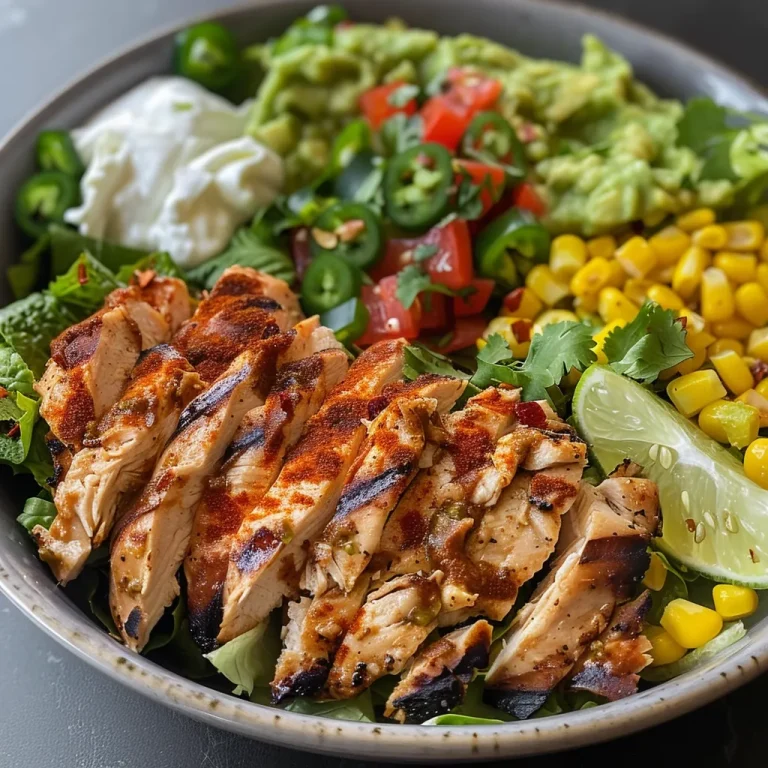 A close-up view of a colorful chicken taco bowl featuring grilled chicken, corn, guacamole, and fresh greens.