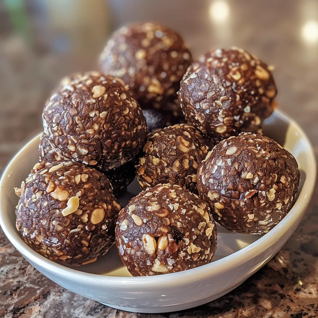 Side view of chocolate-coated cocoa date balls with ingredients nearby.