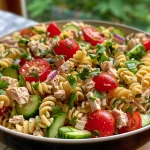Close-up view of a colorful Healthy Tuna Pasta Salad with whole grain pasta, cherry tomatoes, cucumbers, and herbs.