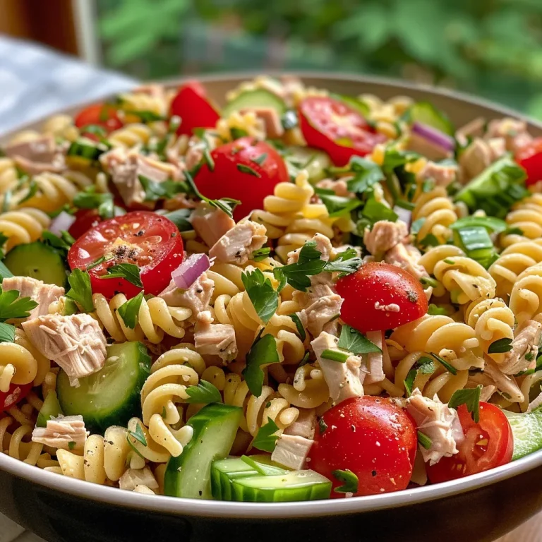 Bite into Bliss: Your Go-To Healthy Tuna Pasta Salad Recipe Close-up view of a colorful Healthy Tuna Pasta Salad with whole grain pasta, cherry tomatoes, cucumbers, and herbs.