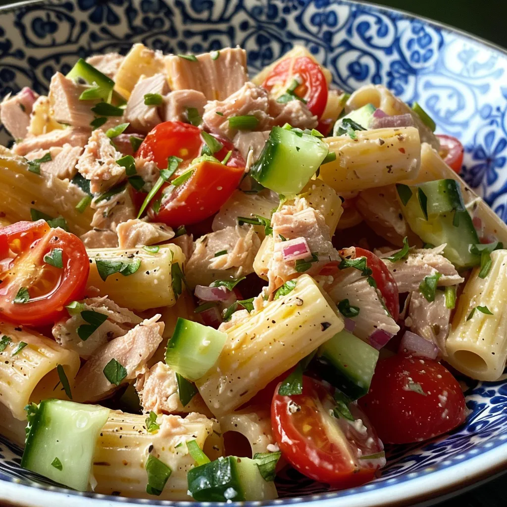 Vibrant Healthy Tuna Pasta Salad featuring tuna, diced vegetables, and a creamy dressing, presented side-on.
