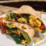 A close-up view of a high-protein breakfast burrito filled with ingredients like eggs, black beans, and vegetables.