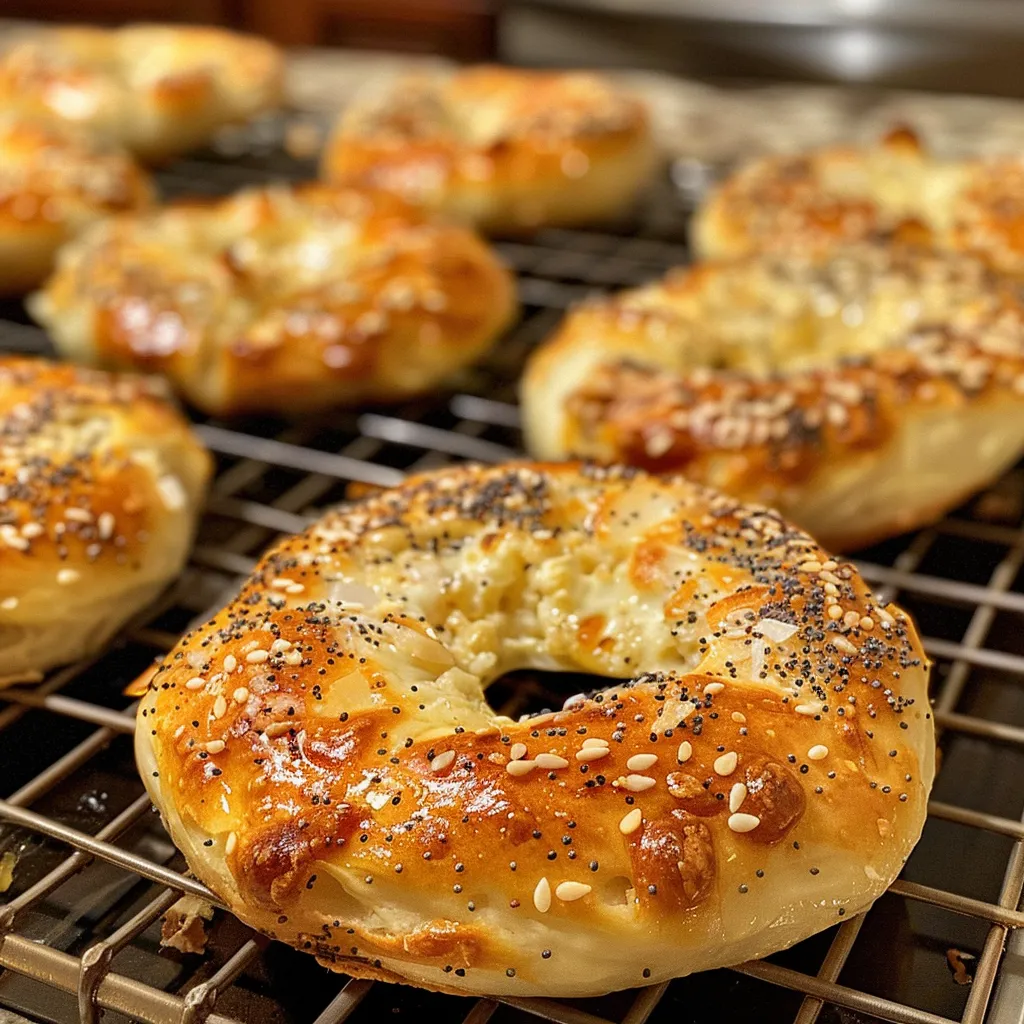 Juicy cottage cheese bagels sprinkled with sesame and poppy seeds, showing their fluffy texture.