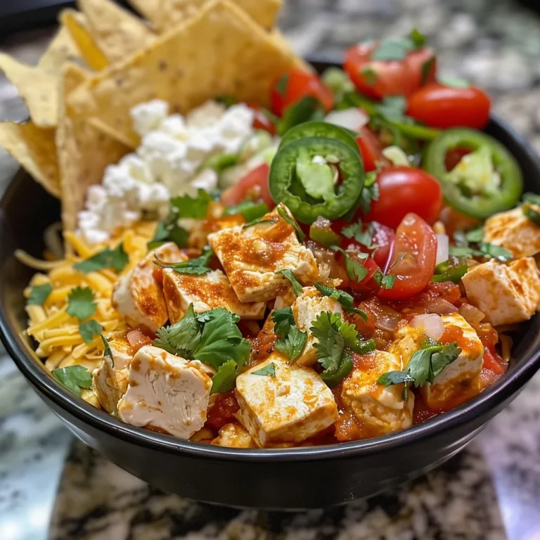 Close-up of a colorful High Protein Cottage Cheese Chicken Taco Bowl with diced chicken and vibrant toppings.