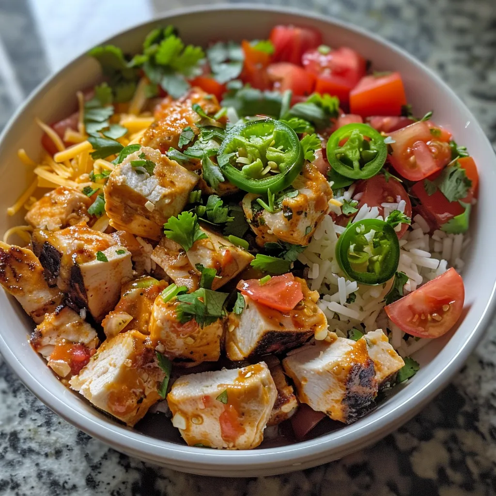Side view of a delicious High Protein Cottage Cheese Chicken Taco Bowl featuring salsa, cherry tomatoes, and jalapeños.