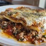 Close-up view of a slice of high protein cottage cheese lasagna with layers of cheese and ground beef.