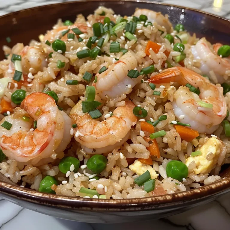 Elevate Your Dinner Game with This High-Protein Shrimp Fried Rice Close-up view of vibrant shrimp fried rice in a bowl, featuring shrimp, peas, carrots, and green onions.