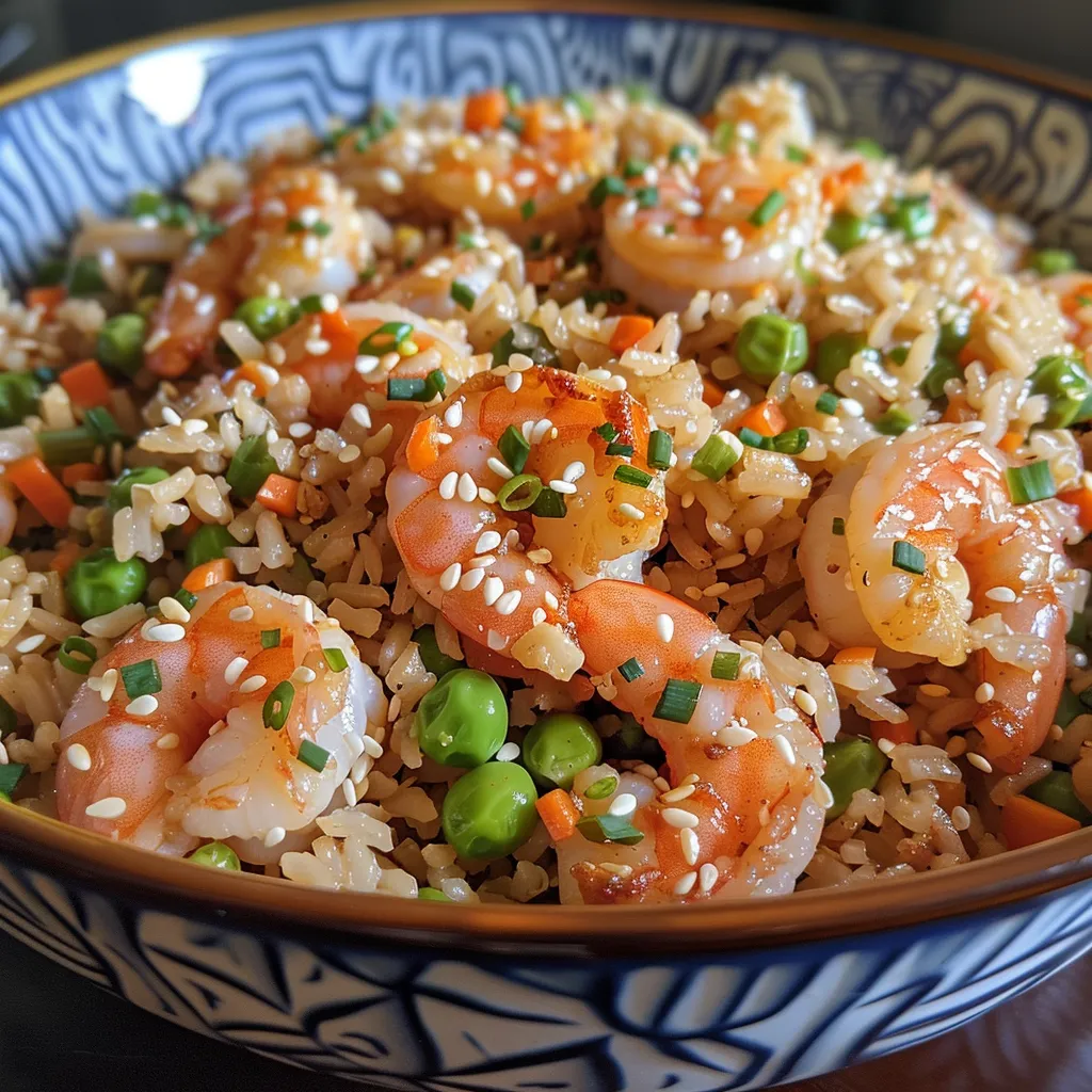 Side photo of a hearty portion of shrimp fried rice, showcasing colorful ingredients and a glossy finish.