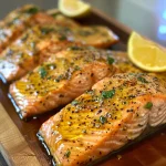 Close-up of a juicy Honey Mustard Baked Salmon fillet with garnishes.