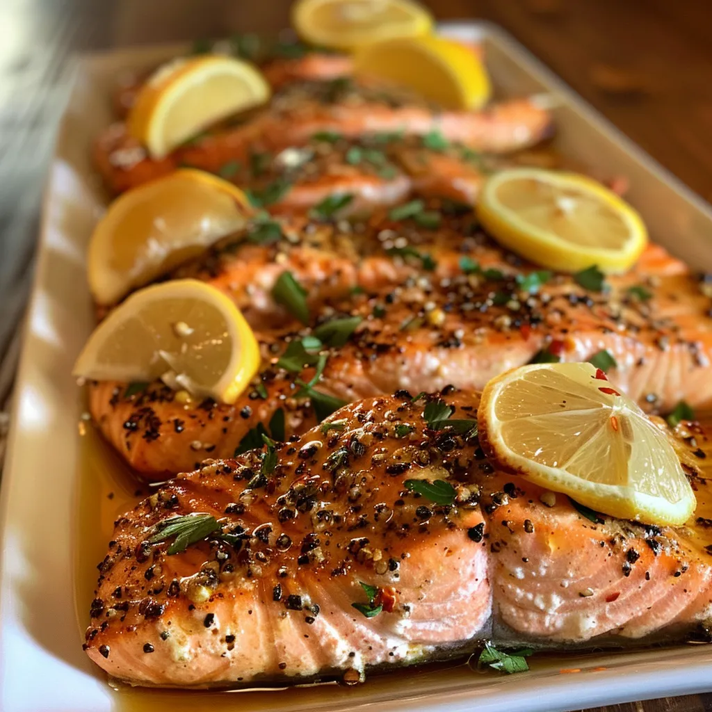 A side view of baked salmon drizzled with honey mustard sauce and decorated with herbs.